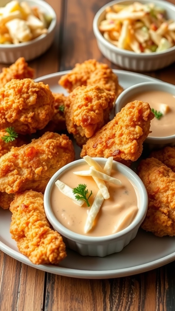 A plate of golden crispy fried chicken with coleslaw and dipping sauce on a rustic table.